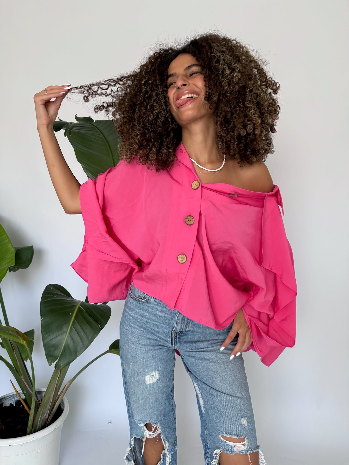 Wooden Buttoned Ruffles Blouse