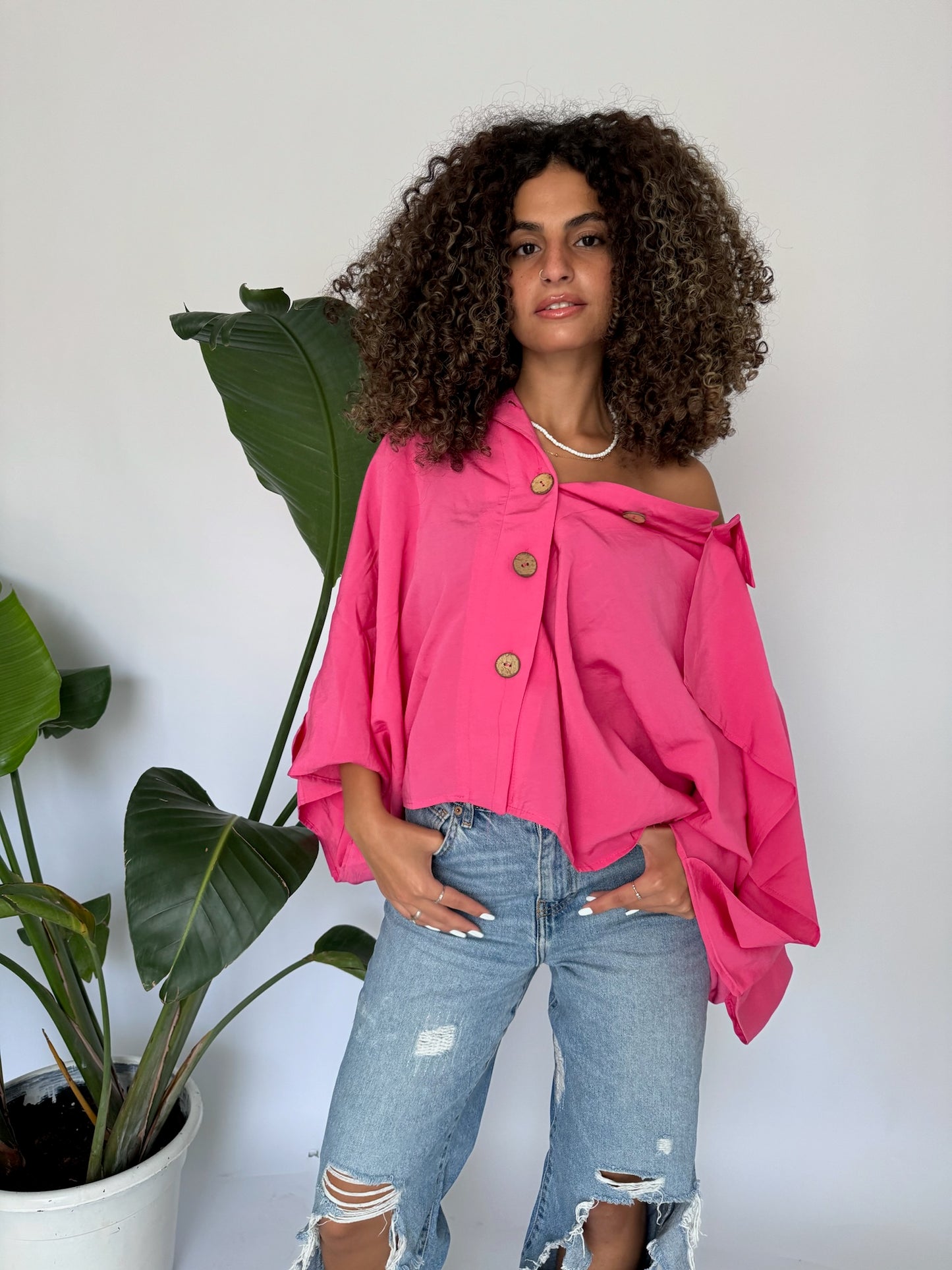 Wooden Buttoned Ruffles Blouse