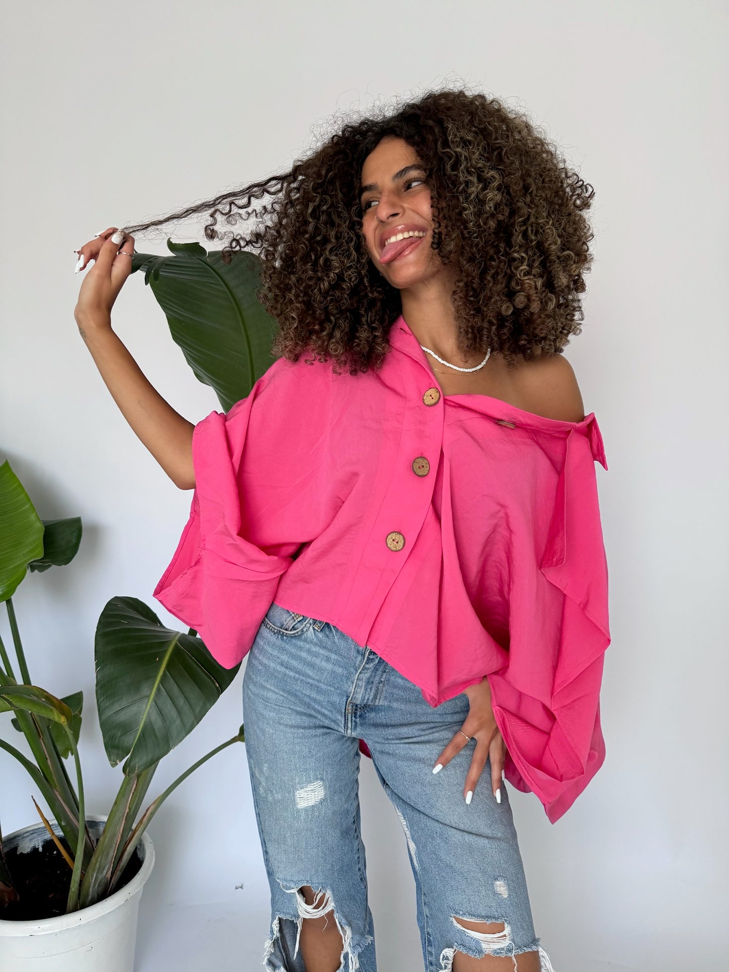 Wooden Buttoned Ruffles Blouse